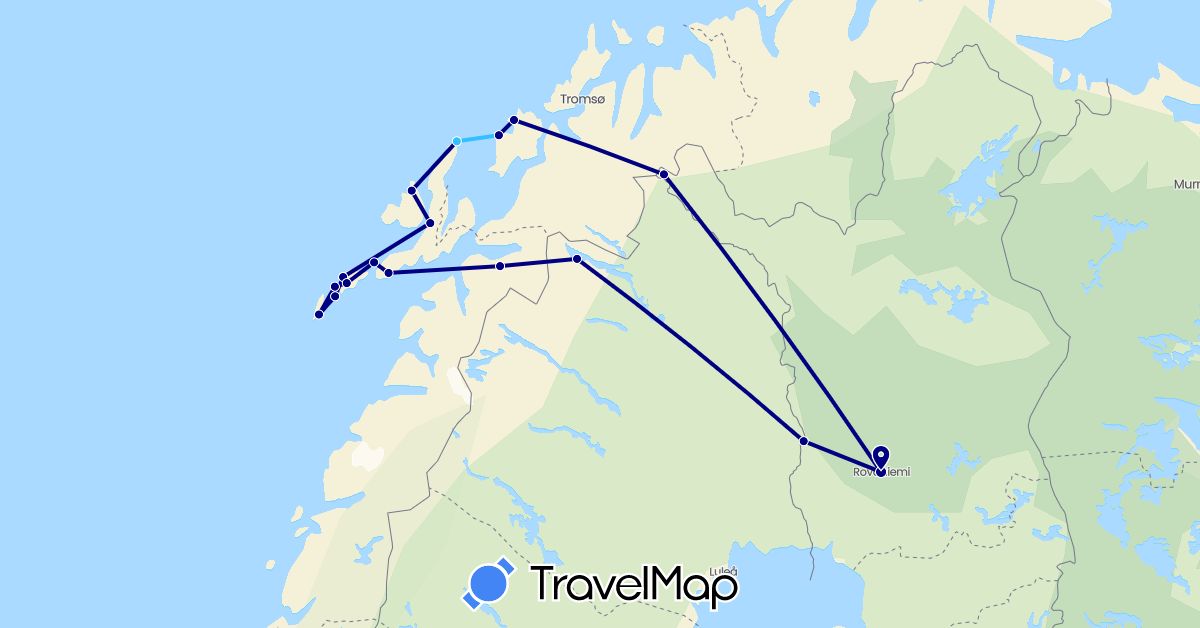 TravelMap itinerary: driving, plane, boat in Finland, Norway, Sweden (Europe)